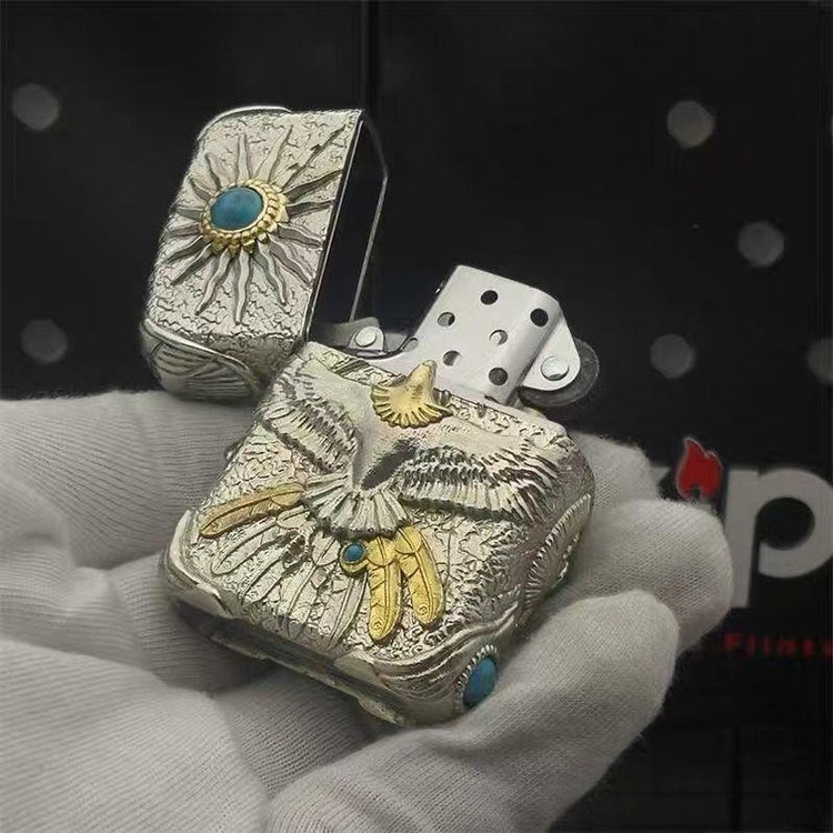 فندک زیپو اورجینال کاستوم ژاپن مدل عقاب سرخ پوست فیروزه ای